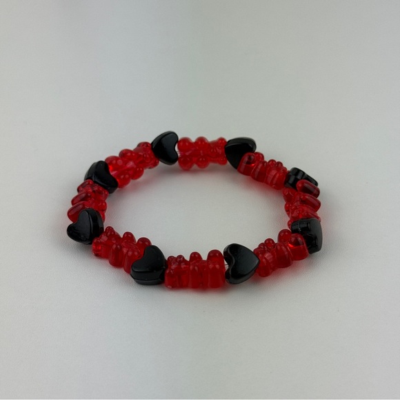 Handmade Red Gummy Bear Black Heart Beaded Stretch Bracelet Kandi Kawaii Goth #2 - Picture 2 of 10